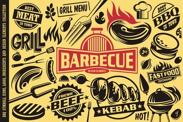 Grill and barbecue symbols, icons,labels,logos and design elements collection. Fast food, burgers, sausages, bbq, meat, beef, steaks graphics vector set.