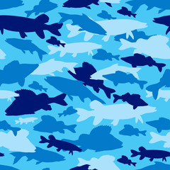 Seamless vector pattern of fishing camouflage. Blue camo of freshwater fish