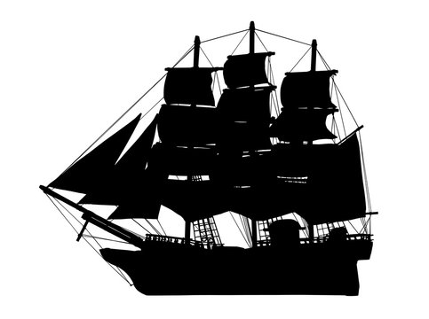 Pirate Ship silhouette, galleon, brigantine, Age of Discovery sailing vessels vector illustration