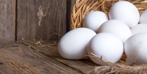 White eggs from the basket on table
