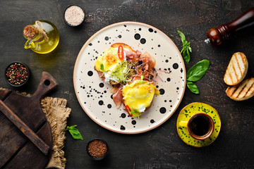 Sandwich with bacon, egg and chili pepper. Breakfast. In the plate. Top view. Flat lay composition Free copy space.