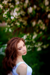 beautiful woman with brunette hair in white dress posing on a background of blooming apple trees