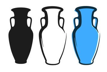 Vector amphora image in blue color and silhouettes in white and black background isolated in flat style