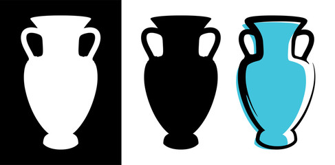 Vector amphora image in celadon color and silhouettes in white and black background isolated in flat style.