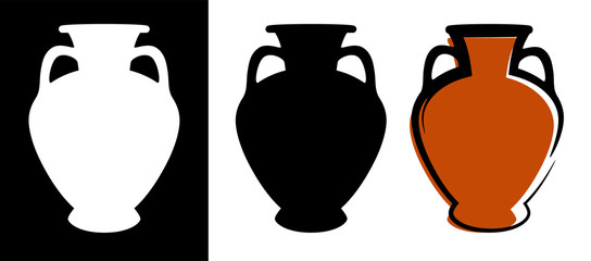 Vector ancient amphora image in burgundy color and silhouettes in white and black background isolated in flat style