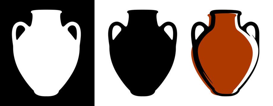 Vector ancient amphora image in brown color and silhouettes in white and black background isolated in flat style.