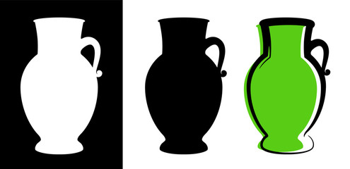 Vector amphora image in green color and silhouettes in white and black background isolated in flat style