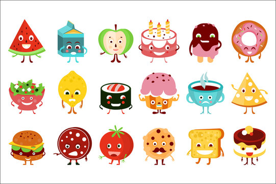 Funny food and drink characters with funny faces and emotions big set vector illustration