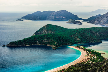 Oludeniz Bay view in Fethiye Town. Amazing landscape from Lycian way. Travel destination. Summer and holiday concept. Blue Lagoon detail.
