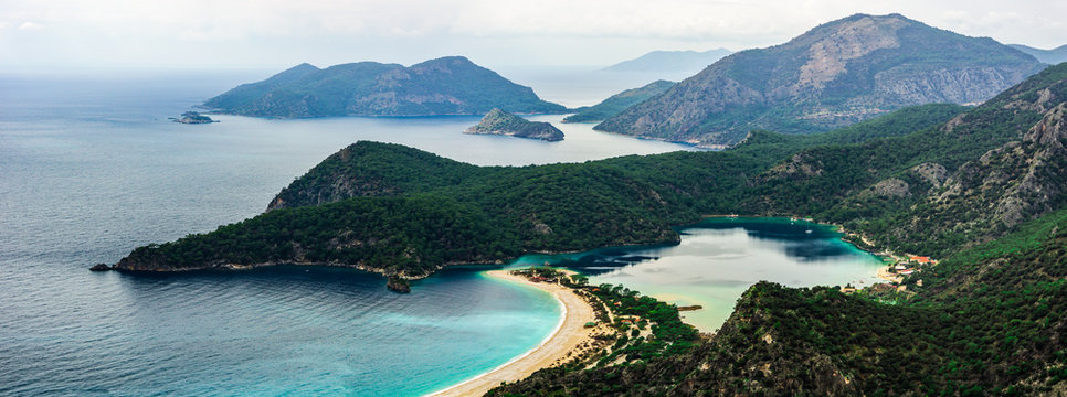 Landscape of Oludeniz Beach and bay, Fethiye, Mugla, Turkey. Aerial Photo from Lycian way. Summer and holiday concept.