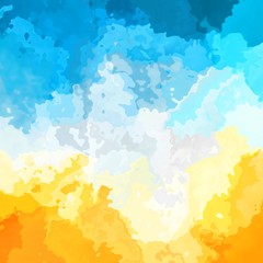 abstract stained pattern texture square background sunny yellow sky blue white clouds color - modern painting art - watercolor splotch effect