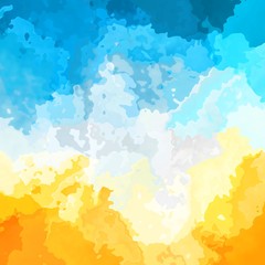 abstract stained pattern texture square background sunny yellow sky blue white clouds color - modern painting art - watercolor splotch effect