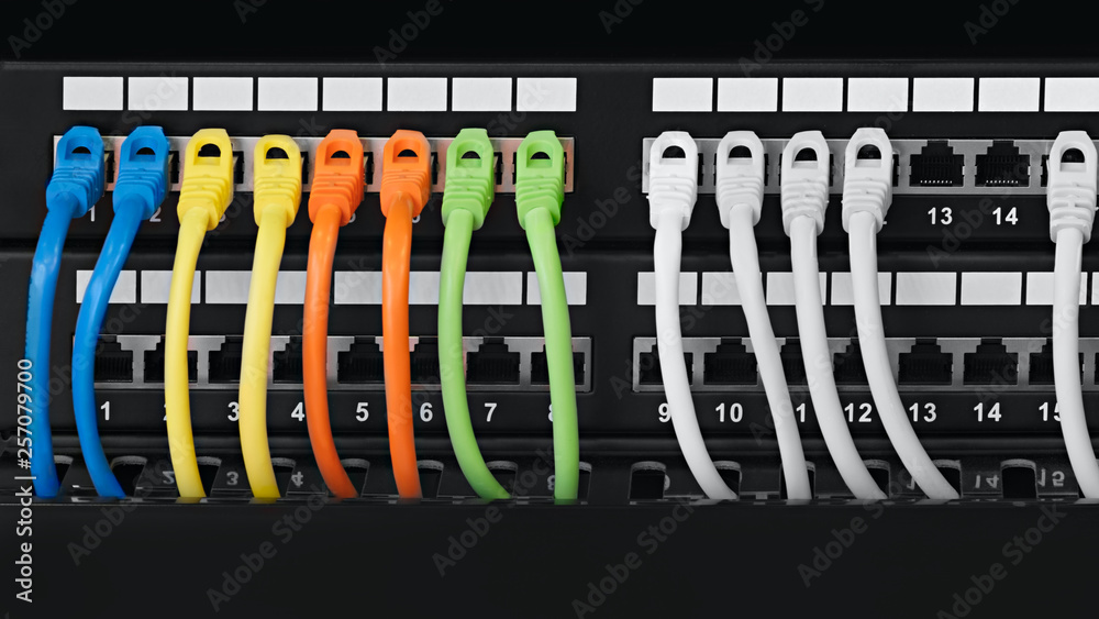 Poster Closeup of  colored computer network cables  connected to a  switch
