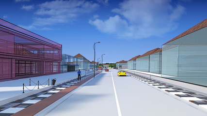 Architectural engineering design of urban street in city center using BIM, 3d illustration, 3d rendering
