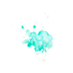 Watercolor blot of aqua with splashes and stains. Drawn by hand.