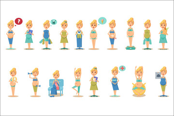 Fototapeta premium Pregnant woman character in different situations set, happy mom expecting baby, healthy lifestyle, shopping, medical examination vector Illustrations
