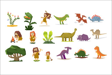 Prehistoric stone age elements set, primitive people, dinosaurs, plants cartoon vector Illustrations on a white background