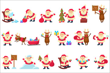 Santa Clauses set, funny cartoon characters in different situations vector Illustrations on a white background