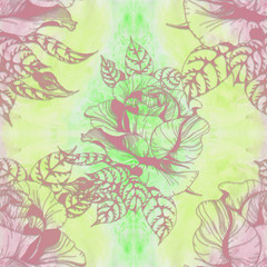 Flowers A branch of roses with leaves, flowers and buds. Watercolor. Seamless background. Collage of flowers and leaves on a watercolor background. Use printed materials, signs, items, websites, maps.