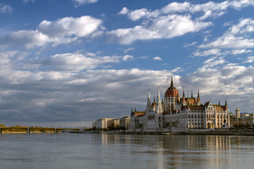 View on the The Hungarian Parliament Building, beside the Danube River. European travel.   Budapest. Hungarian landmarks.