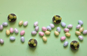 Motyw wielkanocny, zielone tło, jajka wielkanocne i kaktusy © Gabriela