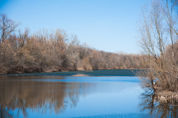 River quietly flowing flows through the forest in early spring