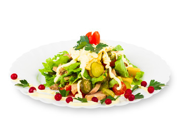 Salad with meat, cheese and pickles on a plate