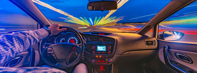 Car interior panorama in motion at high speed