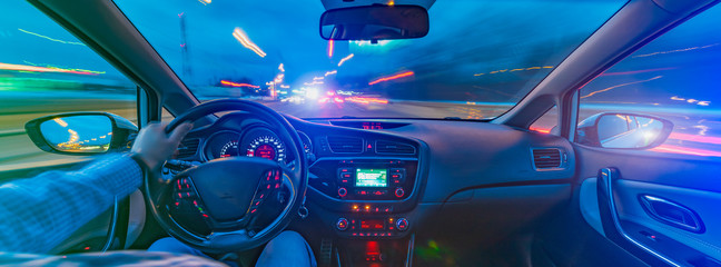 Car interior panorama in motion at high speed