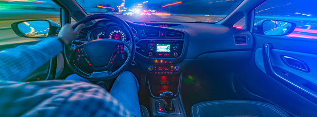 Car interior panorama in motion at high speed