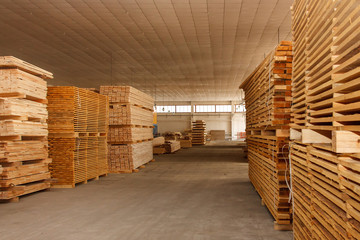 wooden boards palletized in the workshop