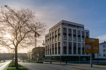Fototapeta na wymiar modern building and street - evening sun