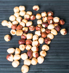 Healthy food  for background image close up hazelnuts.  Nuts texture on top view