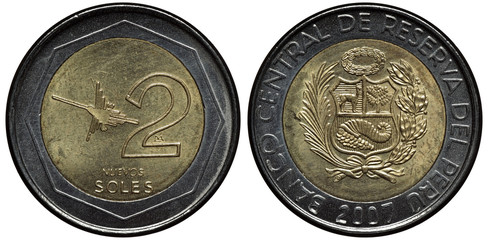 Peru Peruvian bimetallic coin 2 two soles 2007, Indian bird design from Nazca desert left to...
