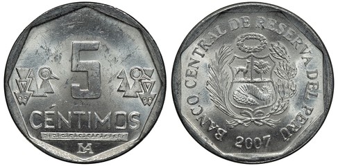 Peru Peruvian aluminum coin 5 five centimos 2007, denomination between Indian designs, arms, shield...