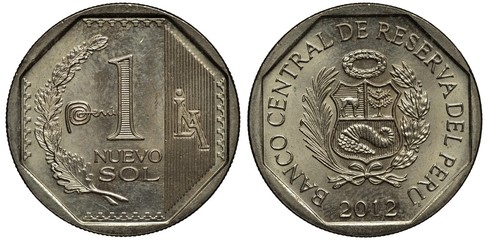 Peru Peruvian coin 1 one sol 2012, regular issue, mixed branch left to denomination, arms, shield...