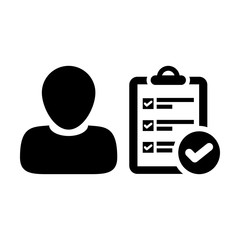 Report icon vector male person profile avatar with survey checklist document and tick symbol in flat color Glyph Pictogram illustration