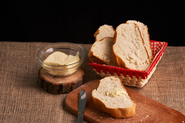 breads and butter concept of teasty home food close up on table
