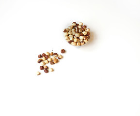 Healthy food  for background image close up hazelnuts.  Nuts texture on white grey table top view on the cup plate