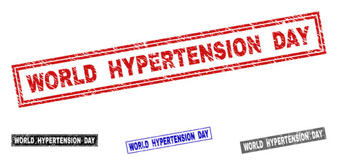 Grunge WORLD HYPERTENSION DAY rectangle stamp seals isolated on a white background. Rectangular seals with grunge texture in red, blue, black and gray colors.