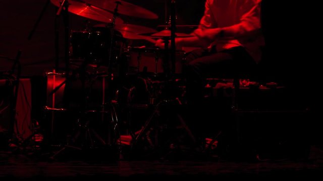 Drummer Man / Drum Set / Playing Drums. Jazz drummer playing on stage.