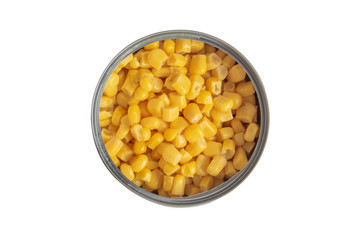 Sweet canned corn isolated on white background. Corn in a can top view.