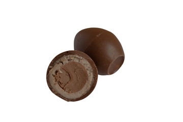 Chocolate candy isolated on white background. Chocolate truffle sweets closeup.