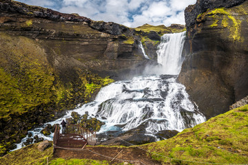Obraz premium Balcony at Ofaerufoss waterfall in Eldgja Canyon, in southern highlands of Iceland.