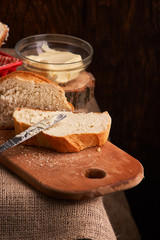 breads and butter concept of teasty home food close up on table
