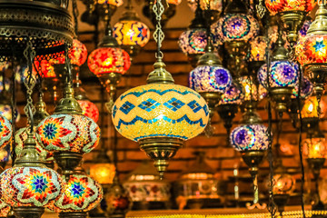 Traditional bright decorative hanging Turkish lamps and colourful lights with vivid colours  in the Istanbul Bazaar, Turkey