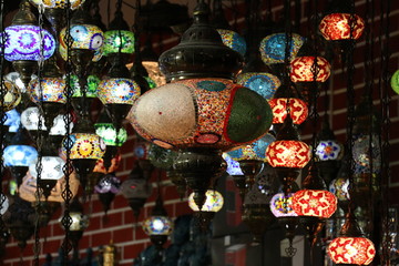 Traditional bright decorative hanging Turkish lamps and colourful lights with vivid colours  in the Istanbul Bazaar, Turkey