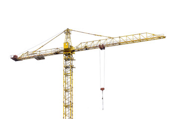 high-rise construction crane with a long arrow of yellow color on a white background - Powered by Adobe