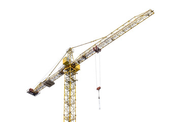 high-rise construction crane with a long arrow of yellow color on a white background