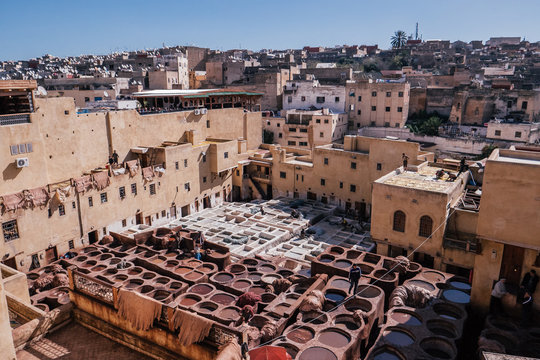 traditional tannery in the medina in fez, morocco